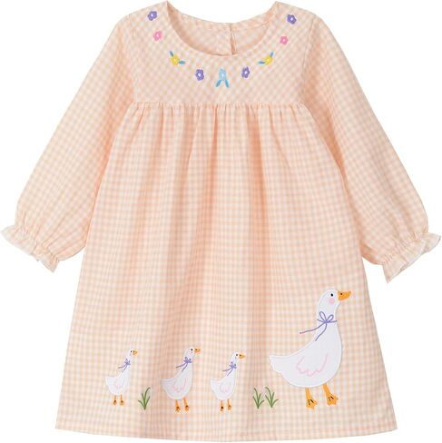 FreeLu Toddler Girls' Cotton Gingham Duck Embroidery Dress Long Sleeve Plaid Casual Dresses for 2-7 Years in Saudi Arabia