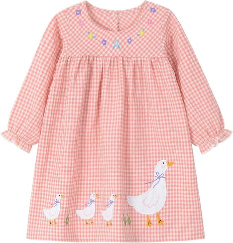 FreeLu Toddler Girls' Cotton Gingham Duck Embroidery Dress Long Sleeve Plaid Casual Dresses for 2-7 Years in Saudi Arabia