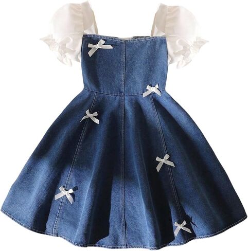 GORGLITTER Girl's Bow Denim Dress Puff Short Sleeve Square Neck Summer A Line Casual Mini Jean Dresses in Kuwait