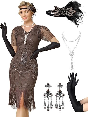 MTITE Women's Flapper Dresses 1920s Fringed Sequin Great Gatsby Dress with 20s Accessories -Roaring 20s Costumes in Saudi Arabia