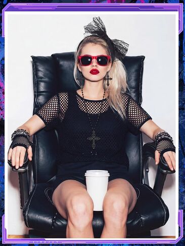 Cuffbow 10 Pcs 80s Women Costume Set Retro Black Fishnet off Shoulder Top with 80s Outfit Accessories for Halloween Supplies in Saudi Arabia