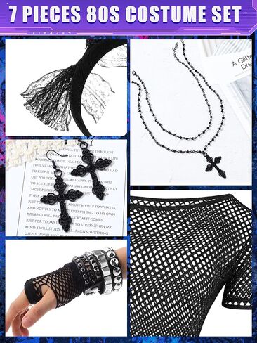 Cuffbow 10 Pcs 80s Women Costume Set Retro Black Fishnet off Shoulder Top with 80s Outfit Accessories for Halloween Supplies in Saudi Arabia