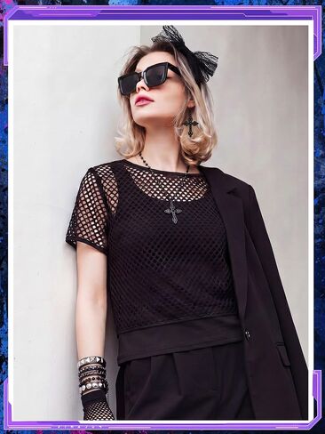 Cuffbow 10 Pcs 80s Women Costume Set Retro Black Fishnet off Shoulder Top with 80s Outfit Accessories for Halloween Supplies in Saudi Arabia