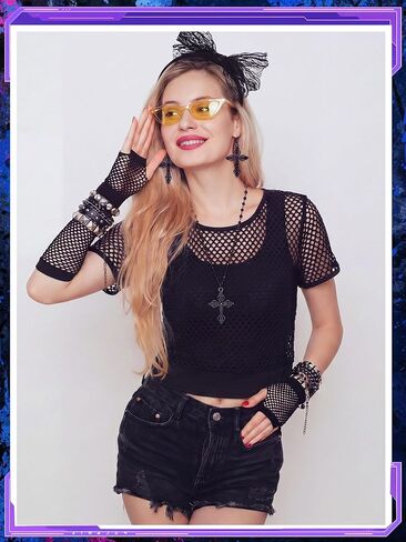 Cuffbow 10 Pcs 80s Women Costume Set Retro Black Fishnet off Shoulder Top with 80s Outfit Accessories for Halloween Supplies in Saudi Arabia