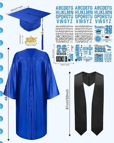 CRASHOT Graduation Cap and Gown 2026, Unisex Shiny Uniforms, Includes Stole, Tassel Charm & 9 PCS Heat Transfer Decals for College High School Graduate(Blue 54) in Kuwait