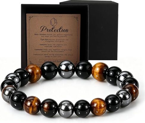 YYUAN Triple Protection Healing Crystal Beaded Bracelet – Tiger Eye Black Obsidian Hematite Bracelets for Men Women Natural Stone Jewelry Gift– Birthday Christmas Anniversary in Kuwait