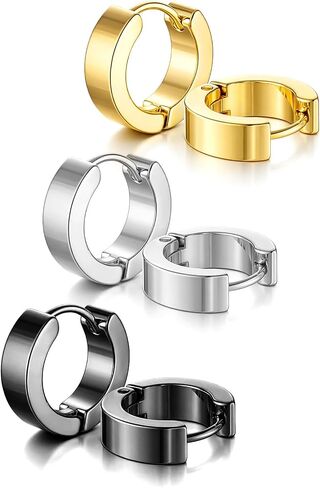 3 Pairs Stainless Steel Hoop Earrings for Women Men, Minimalist Small Hoop Earrings Exquisite Round Huggie Earring Set (Black, Silver, Gold) in Kuwait
