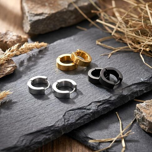 3 Pairs Stainless Steel Hoop Earrings for Women Men, Minimalist Small Hoop Earrings Exquisite Round Huggie Earring Set (Black, Silver, Gold) in Kuwait