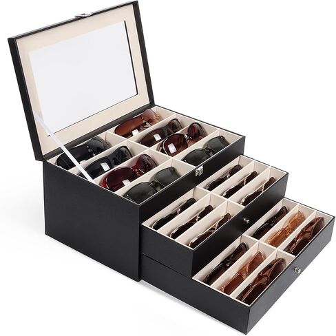 Sunglasses Glasses Storage Organizer Case with 32 Adjustable Slots, 3 Layer Multi Eyeglass Display Box with Lid Women in Saudi Arabia