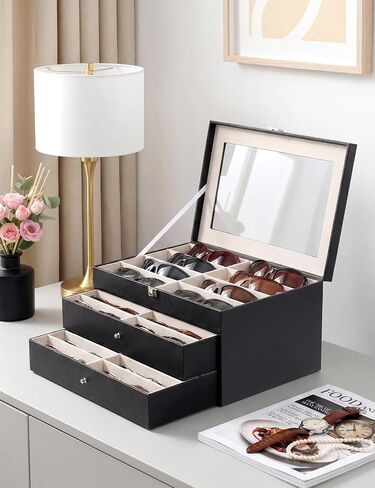 Sunglasses Glasses Storage Organizer Case with 32 Adjustable Slots, 3 Layer Multi Eyeglass Display Box with Lid Women in Saudi Arabia