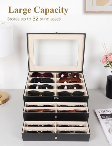 Sunglasses Glasses Storage Organizer Case with 32 Adjustable Slots, 3 Layer Multi Eyeglass Display Box with Lid Women in Saudi Arabia