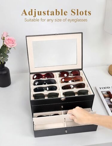 Sunglasses Glasses Storage Organizer Case with 32 Adjustable Slots, 3 Layer Multi Eyeglass Display Box with Lid Women in Saudi Arabia