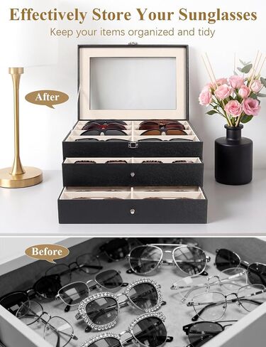 Sunglasses Glasses Storage Organizer Case with 32 Adjustable Slots, 3 Layer Multi Eyeglass Display Box with Lid Women in Saudi Arabia