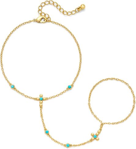 Dainty Gold Hand Chain Bracelet for Women, 14K Gold Plated Boho Western Turquoise Beaded Finger Ring Bracelet, Adjustable Non-Tarnish Hand Jewelry in Kuwait