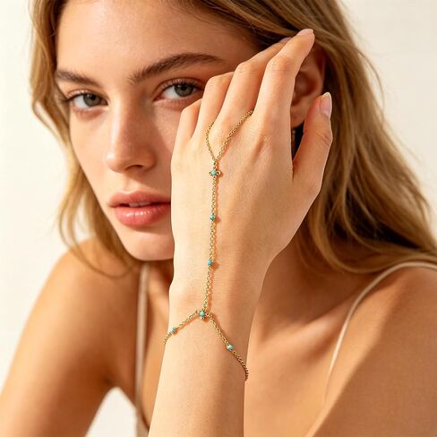 Dainty Gold Hand Chain Bracelet for Women, 14K Gold Plated Boho Western Turquoise Beaded Finger Ring Bracelet, Adjustable Non-Tarnish Hand Jewelry in Kuwait