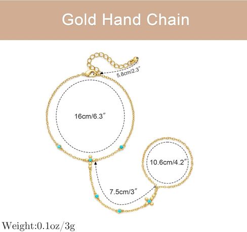 Dainty Gold Hand Chain Bracelet for Women, 14K Gold Plated Boho Western Turquoise Beaded Finger Ring Bracelet, Adjustable Non-Tarnish Hand Jewelry in Kuwait