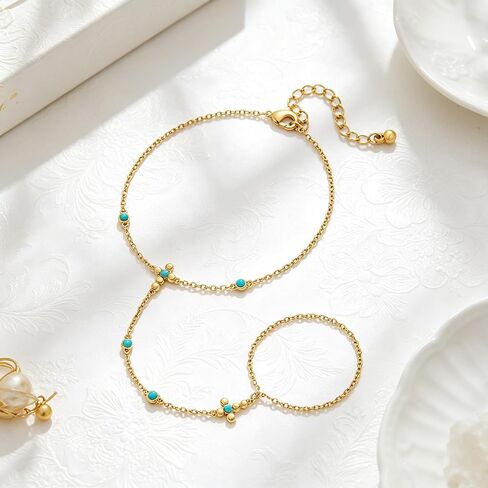 Dainty Gold Hand Chain Bracelet for Women, 14K Gold Plated Boho Western Turquoise Beaded Finger Ring Bracelet, Adjustable Non-Tarnish Hand Jewelry in Kuwait