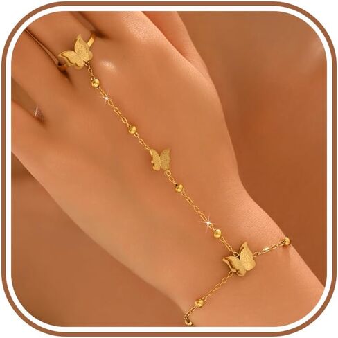 LOVECOM 14K Gold Plated Butterfly Hand Chain Bracelet for Women Stainless Steel Non Tarnish Hand Chain Bracelet with Adjustable Finger Ring Chain Trendy Butterfly Accessories Jewelry Gifts in Saudi Arabia