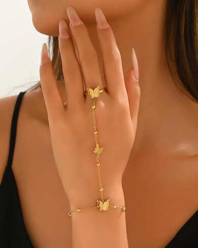 LOVECOM 14K Gold Plated Butterfly Hand Chain Bracelet for Women Stainless Steel Non Tarnish Hand Chain Bracelet with Adjustable Finger Ring Chain Trendy Butterfly Accessories Jewelry Gifts in Saudi Arabia