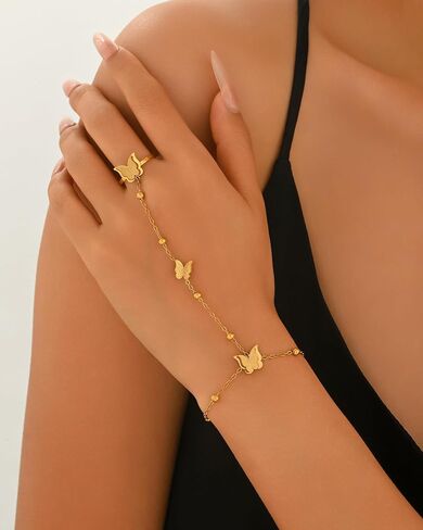 LOVECOM 14K Gold Plated Butterfly Hand Chain Bracelet for Women Stainless Steel Non Tarnish Hand Chain Bracelet with Adjustable Finger Ring Chain Trendy Butterfly Accessories Jewelry Gifts in Saudi Arabia