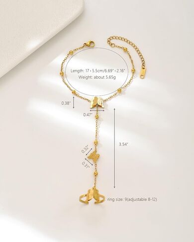 LOVECOM 14K Gold Plated Butterfly Hand Chain Bracelet for Women Stainless Steel Non Tarnish Hand Chain Bracelet with Adjustable Finger Ring Chain Trendy Butterfly Accessories Jewelry Gifts in Saudi Arabia