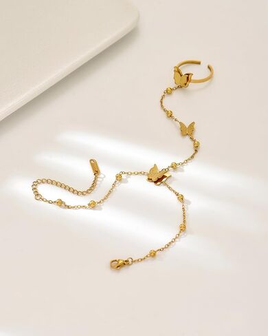 LOVECOM 14K Gold Plated Butterfly Hand Chain Bracelet for Women Stainless Steel Non Tarnish Hand Chain Bracelet with Adjustable Finger Ring Chain Trendy Butterfly Accessories Jewelry Gifts in Saudi Arabia