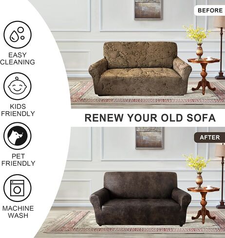 ANARACHON Leather Look Loveseat Covers, Couch Cover Super Stretch Non Slip, Width Up to 62 Inch, Washable Furniture Protector 1-Piece Sofa Slipcover for Dogs, Cats and Kids(Loveseat, Dark Brown) in Saudi Arabia