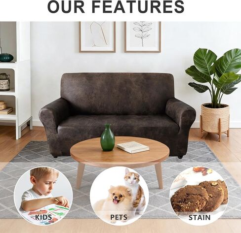 ANARACHON Leather Look Loveseat Covers, Couch Cover Super Stretch Non Slip, Width Up to 62 Inch, Washable Furniture Protector 1-Piece Sofa Slipcover for Dogs, Cats and Kids(Loveseat, Dark Brown) in Saudi Arabia