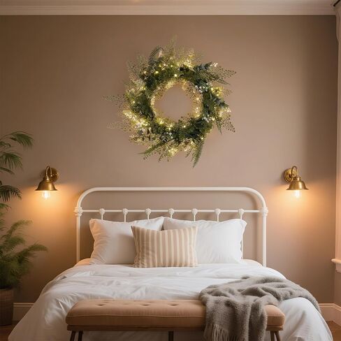 24''Fern Wreath for Front Door - Artificial Greenery All Seasons Wreath Fake Hanging Ferns Plants for Wedding Centerpieces Table Front Door Decoration, with LED Warm Lights in Saudi Arabia