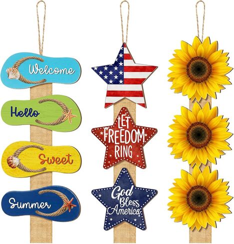 Amyhill 3 Pack 4th of July Decoration for Door Sunflower Door Wreath 250th Anniversary Welcome Sign Patriotic Star Summer Pool Flip-flop Wood Decoration with Burlap for Porch Wall Home Decor in Kuwait