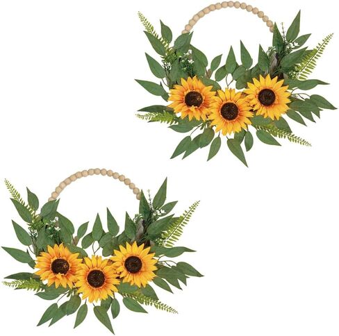 2Pcs-20in Sunflower Half Wreath – Spring Door Wreath & All-Season Flower Wreath with Yellow Sunflowers, Green Foliage & Wooden Bead Accent for Indoor Front Door Farmhouse Window Wall in Saudi Arabia