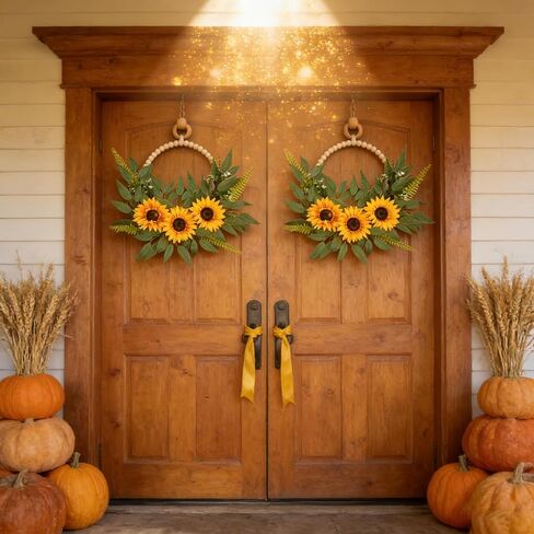 2Pcs-20in Sunflower Half Wreath – Spring Door Wreath & All-Season Flower Wreath with Yellow Sunflowers, Green Foliage & Wooden Bead Accent for Indoor Front Door Farmhouse Window Wall in Saudi Arabia