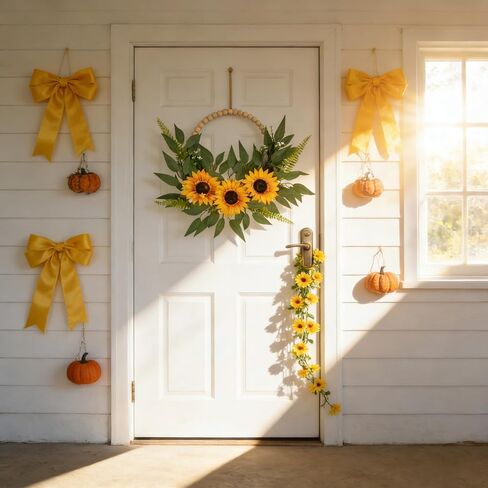2Pcs-20in Sunflower Half Wreath – Spring Door Wreath & All-Season Flower Wreath with Yellow Sunflowers, Green Foliage & Wooden Bead Accent for Indoor Front Door Farmhouse Window Wall in Saudi Arabia