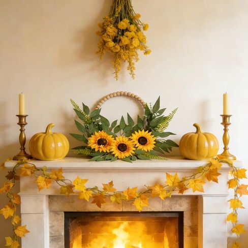 2Pcs-20in Sunflower Half Wreath – Spring Door Wreath & All-Season Flower Wreath with Yellow Sunflowers, Green Foliage & Wooden Bead Accent for Indoor Front Door Farmhouse Window Wall in Saudi Arabia