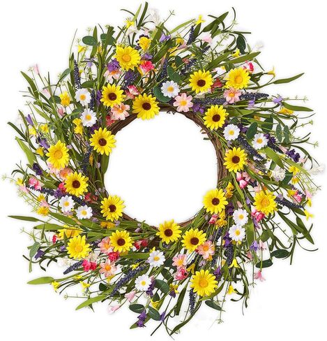 Spring Wreaths for Front Door, 22 Inch Spring and Summer Daisy Wreath for Farmhouse Porch Wall Window Home Decor for Indoor Outdoor Housewarming Gift in Saudi Arabia