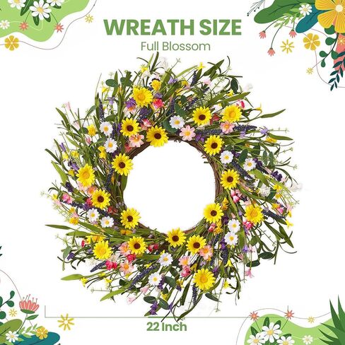 Spring Wreaths for Front Door, 22 Inch Spring and Summer Daisy Wreath for Farmhouse Porch Wall Window Home Decor for Indoor Outdoor Housewarming Gift in Saudi Arabia