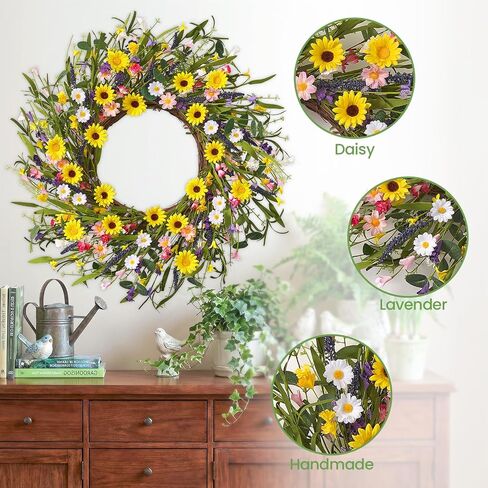 Spring Wreaths for Front Door, 22 Inch Spring and Summer Daisy Wreath for Farmhouse Porch Wall Window Home Decor for Indoor Outdoor Housewarming Gift in Saudi Arabia