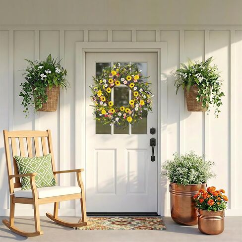 Spring Wreaths for Front Door, 22 Inch Spring and Summer Daisy Wreath for Farmhouse Porch Wall Window Home Decor for Indoor Outdoor Housewarming Gift in Saudi Arabia