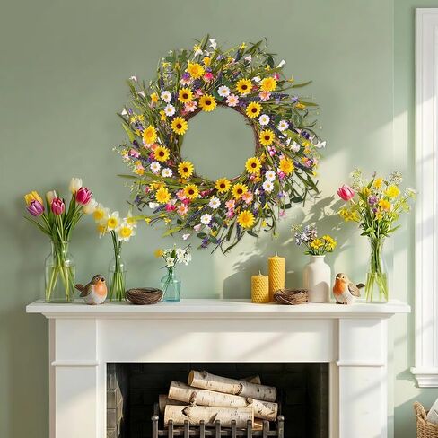 Spring Wreaths for Front Door, 22 Inch Spring and Summer Daisy Wreath for Farmhouse Porch Wall Window Home Decor for Indoor Outdoor Housewarming Gift in Saudi Arabia