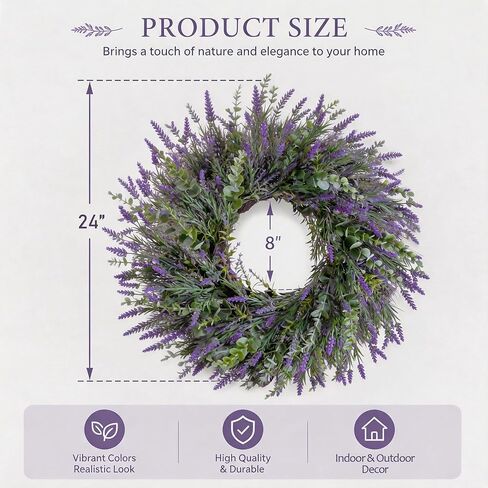 24'' Eucalyptus Lavender Wreath,Lavender Wreath for Front Door,Summer Spring Wreaths for Front Door All Seasons for Home Wedding Farmhouse Wall Decor in Saudi Arabia