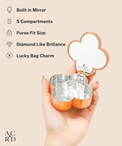 Lucky Charm Luxury Travel Pill Organizer, 5 Compartments, Easy-Open Lock, Mirror, Cute Compact Pill Box for Purse, BPA-Free, Gold, Stylish Vitamin Case & Small Jewelry Storage (Rose Gold) in Saudi Arabia