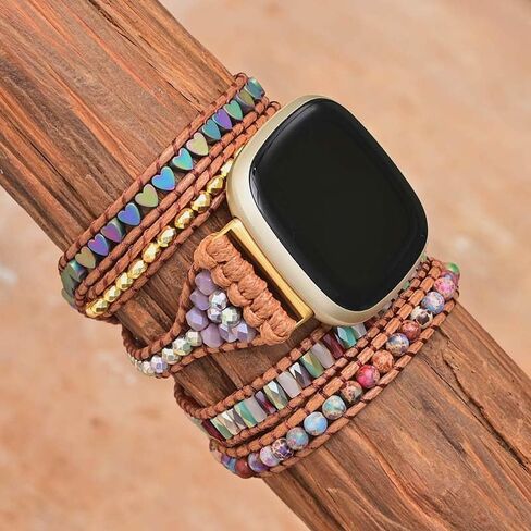 Boho Beaded Wraps Strap Compatible with Fitbit Versa 4/Versa 3/Sense 2/Sense,Women Men Handmade Natural Stone Colorful Jasper Strap for Versa 2 /Versa/Versa Lite in Saudi Arabia