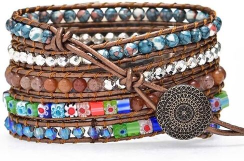 Boho Beaded Wraps Strap Compatible with Fitbit Versa 4/Versa 3/Sense 2/Sense,Women Men Handmade Natural Stone Colorful Jasper Strap for Versa 2 /Versa/Versa Lite in Saudi Arabia