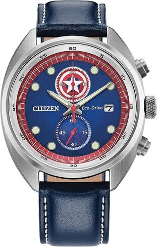 CITIZEN Mens Eco-Drive Captain America 85th Anniversary Chronograph & Collectors Coin, 41mm Silver-Tone Stainless Steel Case with a Blue Leather Strap & Blue Dial (Style: CA7046-46W) in Kuwait