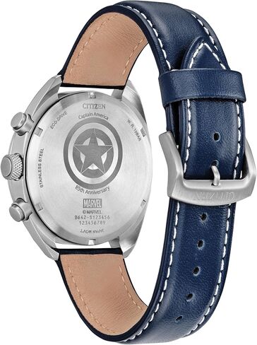 CITIZEN Mens Eco-Drive Captain America 85th Anniversary Chronograph & Collectors Coin, 41mm Silver-Tone Stainless Steel Case with a Blue Leather Strap & Blue Dial (Style: CA7046-46W) in Kuwait