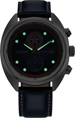 CITIZEN Mens Eco-Drive Captain America 85th Anniversary Chronograph & Collectors Coin, 41mm Silver-Tone Stainless Steel Case with a Blue Leather Strap & Blue Dial (Style: CA7046-46W) in Kuwait