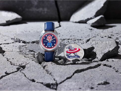 CITIZEN Mens Eco-Drive Captain America 85th Anniversary Chronograph & Collectors Coin, 41mm Silver-Tone Stainless Steel Case with a Blue Leather Strap & Blue Dial (Style: CA7046-46W) in Kuwait