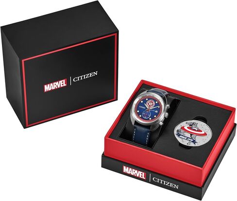 CITIZEN Mens Eco-Drive Captain America 85th Anniversary Chronograph & Collectors Coin, 41mm Silver-Tone Stainless Steel Case with a Blue Leather Strap & Blue Dial (Style: CA7046-46W) in Kuwait