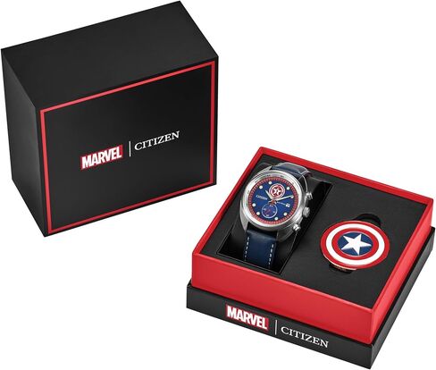 CITIZEN Mens Eco-Drive Captain America 85th Anniversary Chronograph & Collectors Coin, 41mm Silver-Tone Stainless Steel Case with a Blue Leather Strap & Blue Dial (Style: CA7046-46W) in Kuwait