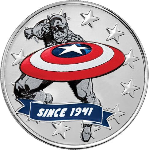 CITIZEN Mens Eco-Drive Captain America 85th Anniversary Chronograph & Collectors Coin, 41mm Silver-Tone Stainless Steel Case with a Blue Leather Strap & Blue Dial (Style: CA7046-46W) in Kuwait